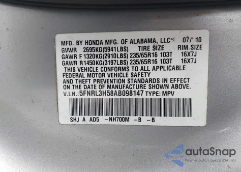 2010 Honda Odyssey Ex z USA, uszkodzony, nr VIN 5FNRL3H58AB098147